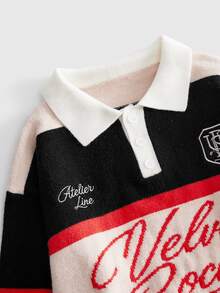ROMWE MEN 時尚條紋刺繡草寫字體 Polo 領長袖針織衫 - 彩色 - 查看 3