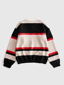 ROMWE MEN 時尚條紋刺繡草寫字體 Polo 領長袖針織衫 - 彩色 - 查看 7