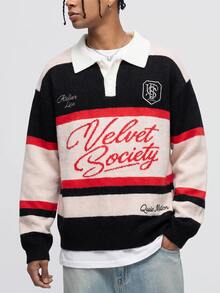 ROMWE MEN 時尚條紋刺繡草寫字體 Polo 領長袖針織衫 - 彩色 - 查看 2