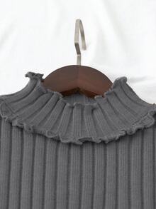 SHEIN 歐美新款博主風設計優雅 3D 螺紋荷葉邊飾長袖針織內搭毛衣 - 灰色 - 查看 4