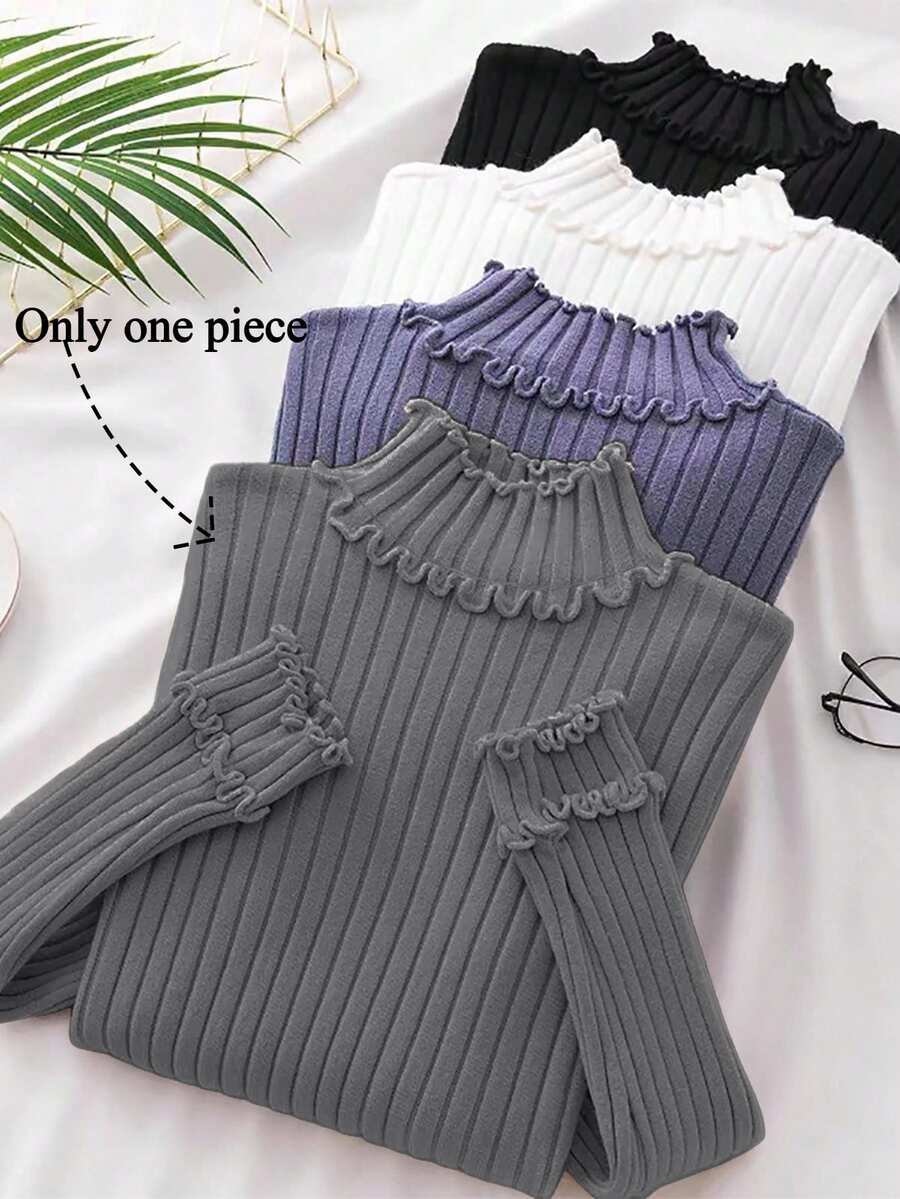 SHEIN European & American New Blogger Style Design Elegant 3D Ribbed Frill Trim Long Sleeve Knit Base Layer Sweater - Grey - View 1