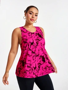 SHEIN Rhythm Era All Over Print Asymmetric Hem Round Neck Summer Sports Camisole - Red - View 7