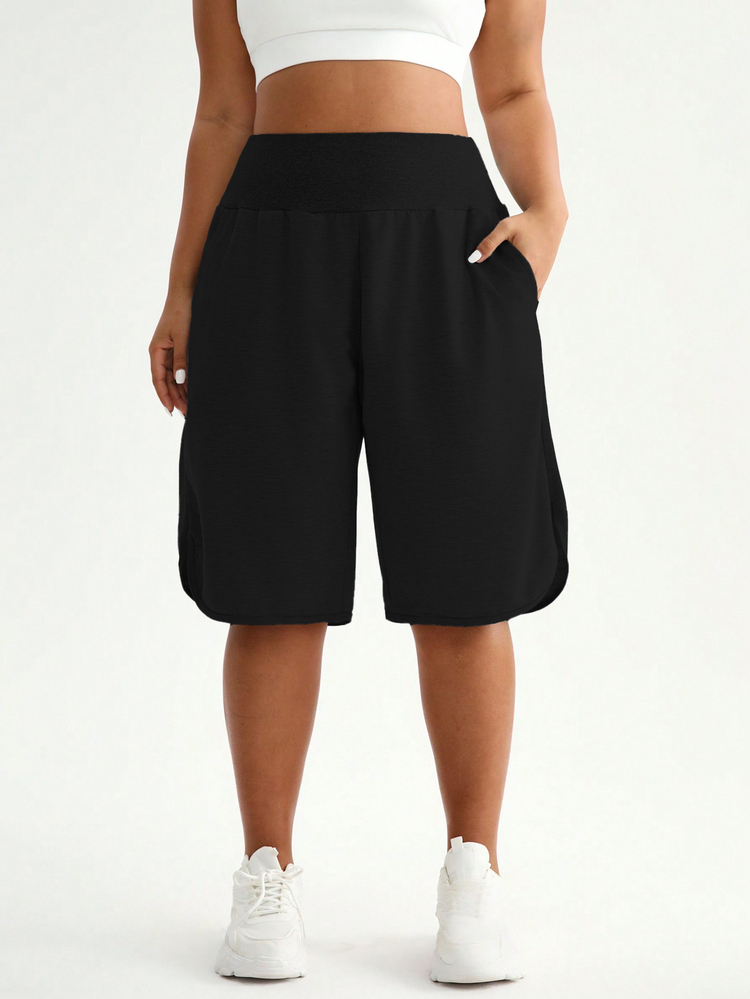 SHEIN Rhythm Era Plus Size Women Solid Color High Waist Pocket Loose Fitness Shorts Sweater Shorts Workout Weight Loss Gym Sports Black Summer - Black - View 5