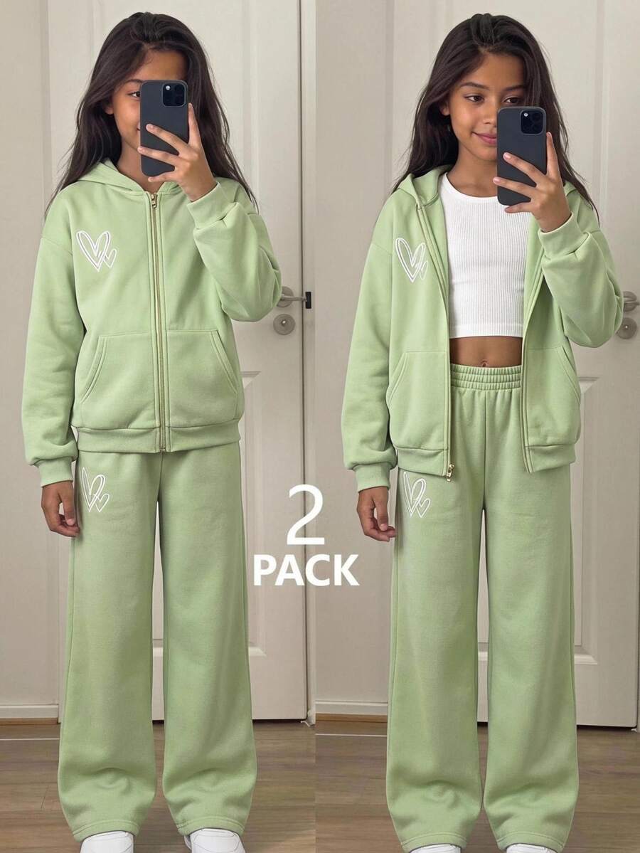 Kids Tween Girl Autumn Winter Cute Casual Athletic Green And White Print Loose Sweatshirt + Long Pants, Halloween Fall Style Christmas Student School - Green - View 1