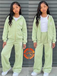 Kids Tween Girl Autumn Winter Cute Casual Athletic Green And White Print Loose Sweatshirt + Long Pants, Halloween Fall Style Christmas Student School - Green - View 6