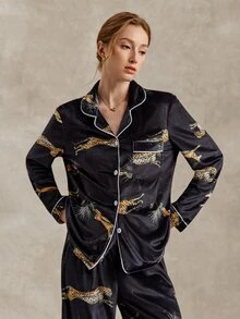 EverLounge Crane Print Contrast Piping Satin PJ Set - Multicolor - View 5