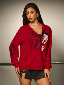 Betty Boop x SHEIN Women's Cartoon Pattern Casual Daily Hooded Sweatshirt - Red - View 6