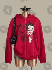 Betty Boop x SHEIN Women's Cartoon Pattern Casual Daily Hooded Sweatshirt - Red - View 10