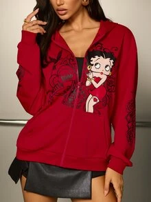 Betty Boop x SHEIN Women's Cartoon Pattern Casual Daily Hooded Sweatshirt - Red - View 1