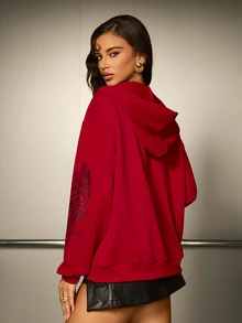 Betty Boop x SHEIN Women's Cartoon Pattern Casual Daily Hooded Sweatshirt - Red - View 2