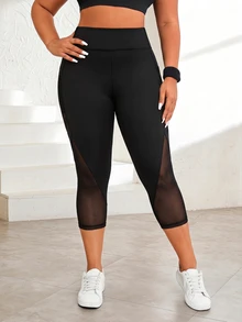 SHEIN Rhythm Era سروال رياضي ضيق بطول 3/4 مقاس كبير - الأسود - مشاهدة 5