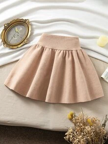 Souflis Souflis Young Girl Solid Color Pleated Casual Versatile Knitted Mini Skirt - Khaki - View 2