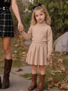 Souflis Souflis Young Girl Solid Color Pleated Casual Versatile Knitted Mini Skirt - Khaki - View 1