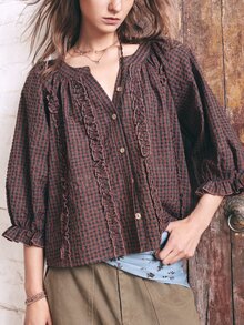 SoleilVie Women's Dusty Rose Plaid Ruffle Collar Petal Sleeve Casual Shirt Cottage Core Button Up Summer Picni - Multicolor - View 5