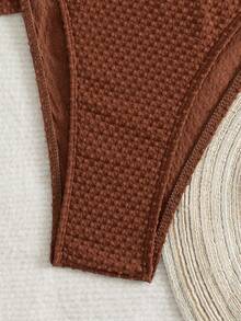 Swim Mod Women's Spring/Summer Beach Music Festival Textured Fabric V-Neck Knot Tie Cute Style Tankini Set - Coffee Brown - View 4