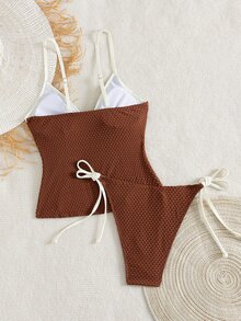 Swim Mod Women's Spring/Summer Beach Music Festival Textured Fabric V-Neck Knot Tie Cute Style Tankini Set - Coffee Brown - View 2