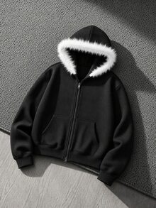 Mainfolk 男士街頭風寬鬆拉鍊連帽衛衣，黑白素色，適合登山、度假、萬聖節、冬季派對、秋季 - 黑色 - 查看 2