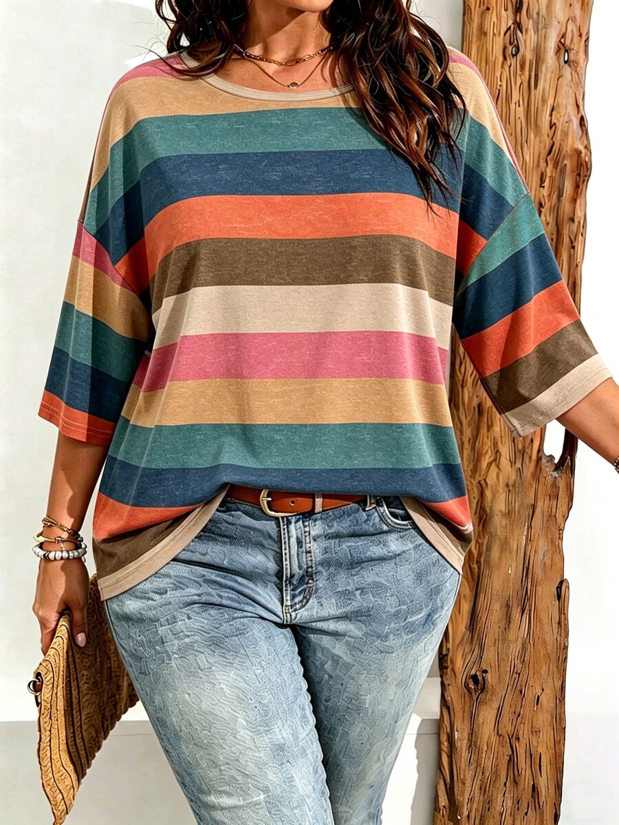 Breezaya Plus Size Women Casual Vintage Stripe Print Drop Shoulder T-Shirt, Suitable For Summer Wear - Multicolor - View 1