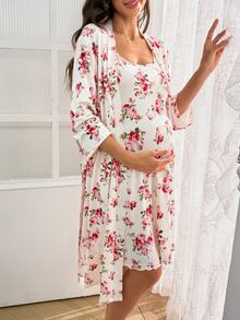 Moonlight&Mama Moonlight & Mama Fashion 全身花卉印花孕婦細肩帶睡裙與中袖晨袍 2 件式居家服套裝 - 彩色 - 查看 5