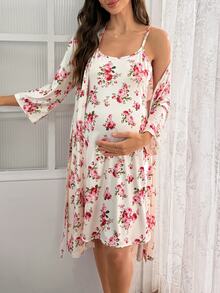 Moonlight&Mama Moonlight & Mama Fashion 全身花卉印花孕婦細肩帶睡裙與中袖晨袍 2 件式居家服套裝 - 彩色 - 查看 6