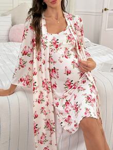Moonlight&Mama Moonlight & Mama Fashion 全身花卉印花孕婦細肩帶睡裙與中袖晨袍 2 件式居家服套裝 - 彩色 - 查看 1