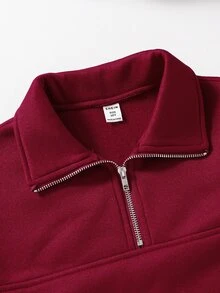 SHEIN 青少年女孩抓絨秋季休閒純色運動衫，保暖舒適，日常穿搭，長袖寬鬆，返校季簡約風 - 酒紅色 - 查看 5