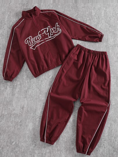 KidsTweenboy Casual Korean Style Loose Fit Sports Outdoor Stand Collar Jacket And Jogger Pants, Suitable For Fall/Winter, School, Family Gathering, Vacation, Party, FallOutfit, WinterOutfit, Boys Outfit Kids Set