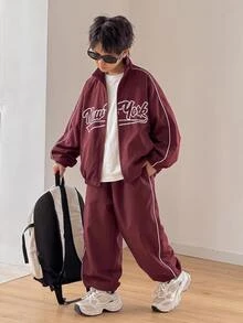 KidsTweenboy 男童休閒韓系寬鬆運動戶外立領夾克與慢跑褲套裝，適合秋冬、學校、家庭聚會、度假、派對，秋季穿搭、冬季穿搭，男童套裝 - 酒紅色 - 查看 2