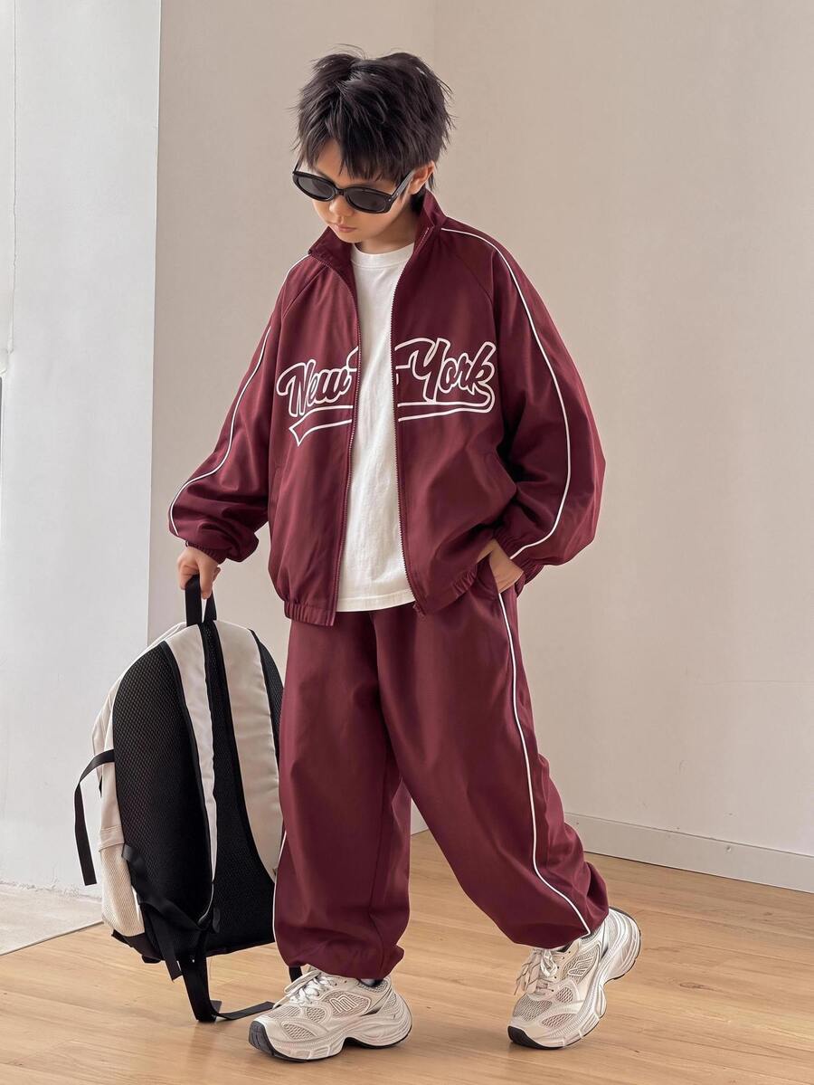 KidsTweenboy 男童休閒韓系寬鬆運動戶外立領夾克與慢跑褲套裝，適合秋冬、學校、家庭聚會、度假、派對，秋季穿搭、冬季穿搭，男童套裝