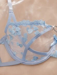 Crystal Vow 2pcs Women's Sexy Floral Embroidery Mesh Underwire Bra Set, Sweet And Vibrant - Baby Blue - View 4