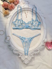 Crystal Vow 2pcs Women's Sexy Floral Embroidery Mesh Underwire Bra Set, Sweet And Vibrant - Baby Blue - View 2