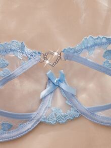 Crystal Vow 2pcs Women's Sexy Floral Embroidery Mesh Underwire Bra Set, Sweet And Vibrant - Baby Blue - View 3