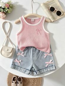 SHEIN Baby Girl Sweet Bow Embroidery Tank Top Set, Contrast Trim Sleeveless Top + Bow Denim Shorts, Summer - Pink - View 7
