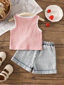 SHEIN Baby Girl Sweet Bow Embroidery Tank Top Set, Contrast Trim Sleeveless Top + Bow Denim Shorts, Summer - Pink - View 3