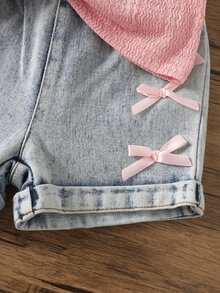 SHEIN Baby Girl Sweet Bow Embroidery Tank Top Set, Contrast Trim Sleeveless Top + Bow Denim Shorts, Summer - Pink - View 6