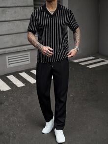 SLATEMANN 男士商務休閒日常通勤條紋短袖 Polo 衫與長褲套裝，哥德風 - 黑色 - 查看 3
