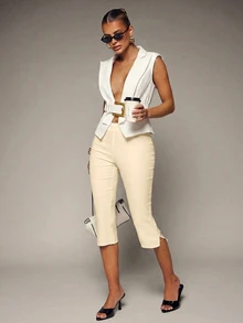 Hauture Pantalón capri de mujer de tiro bajo con estiramiento - Albaricoque - Ver 5