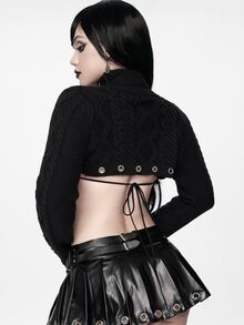 ROMWE Grunge Punk Punk High Neck Cropped Chunky Knit Eyelet Lace-Up Sweater For Women - Black - View 2