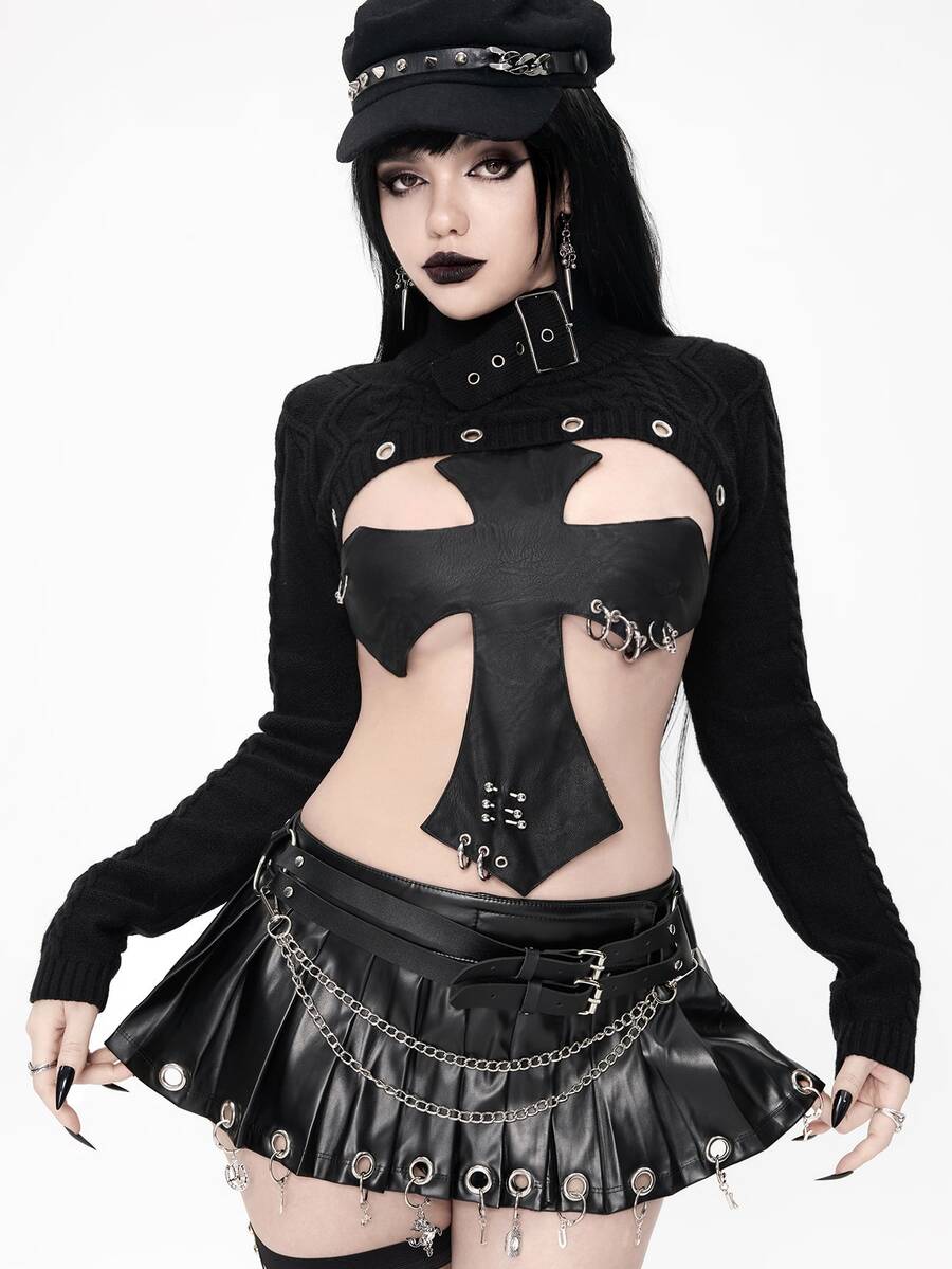 ROMWE Grunge Punk Sweater Rajut Tebal Pendek Model Punk dengan Lubang dan Tali Pengikat untuk Wanita - Hitam - View 1