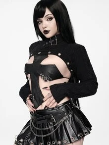ROMWE Grunge Punk Punk High Neck Cropped Chunky Knit Eyelet Lace-Up Sweater For Women - Black - View 4