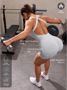 Solea Cove Solea Cove 女款無縫緊身運動連身短褲，提臀健身高彈力掛脖露背連身短褲 - 淺灰色 - 查看 6
