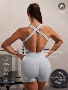 Solea Cove Solea Cove 女款無縫緊身運動連身短褲，提臀健身高彈力掛脖露背連身短褲 - 淺灰色 - 查看 2