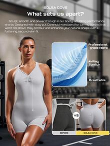 Solea Cove Solea Cove 女款無縫緊身運動連身短褲，提臀健身高彈力掛脖露背連身短褲 - 淺灰色 - 查看 7