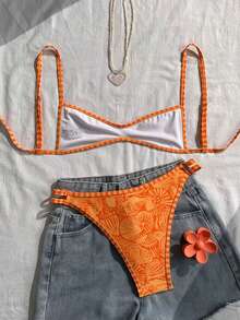 SHEIN Swim 女士吊带橙色花卉印花性感沙滩度假泳装套装，适合科切拉音乐节、夏季等场合。 - 橘色 - 查看 2