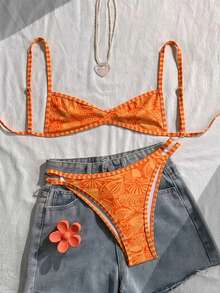 SHEIN Swim 女士吊带橙色花卉印花性感沙滩度假泳装套装，适合科切拉音乐节、夏季等场合。 - 橘色 - 查看 3