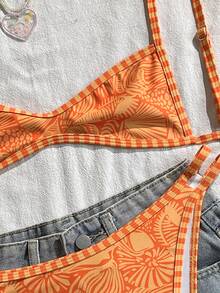 SHEIN Swim 女士吊带橙色花卉印花性感沙滩度假泳装套装，适合科切拉音乐节、夏季等场合。 - 橘色 - 查看 5