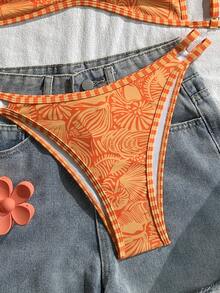 SHEIN Swim 女士吊带橙色花卉印花性感沙滩度假泳装套装，适合科切拉音乐节、夏季等场合。 - 橘色 - 查看 6