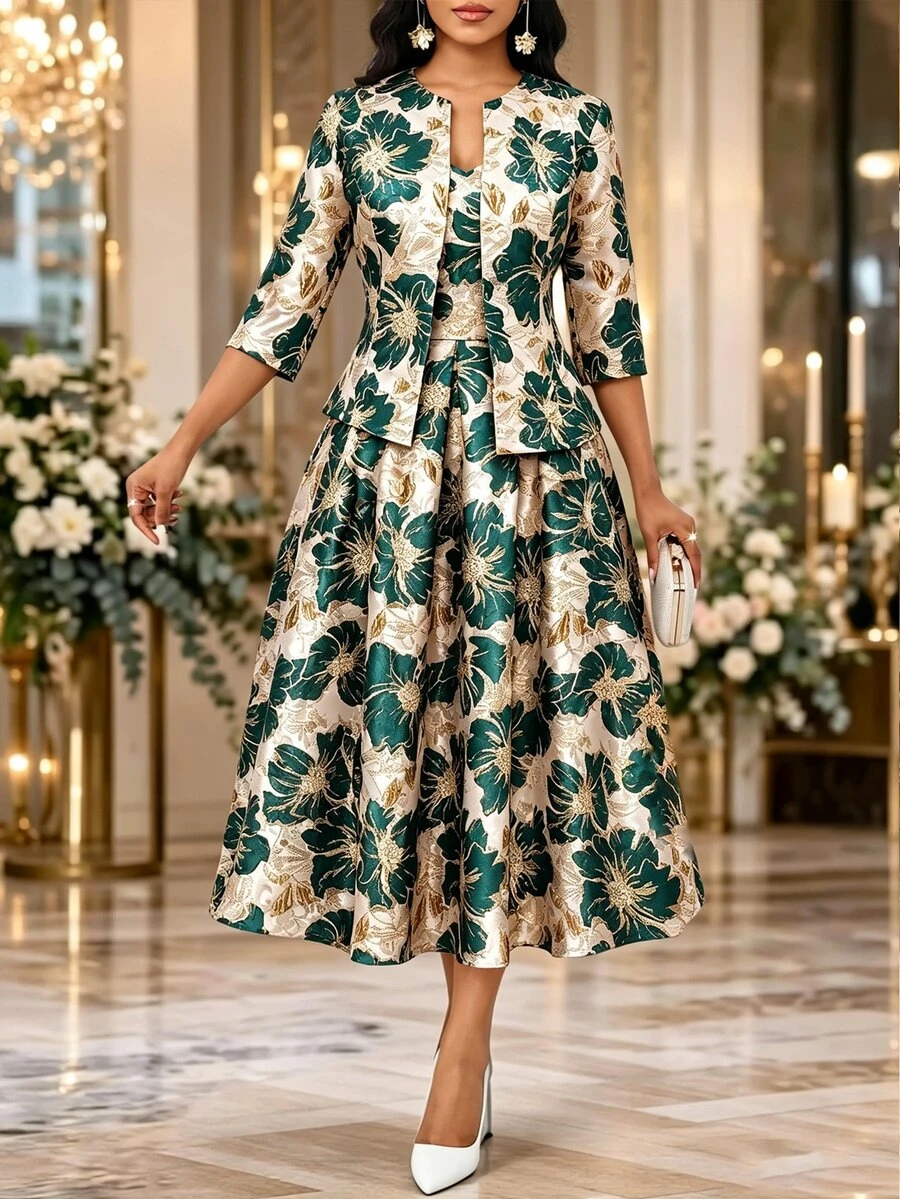 Fleurora 女款花卉印花洋裝與長袖開襟衫休閒優雅兩件套,米色夏季婚禮教堂晚餐正式穿搭 - 彩色 - 查看 1