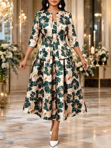 Fleurora 女款花卉印花洋裝與長袖開襟衫休閒優雅兩件套，米色夏季婚禮教堂晚餐正式穿搭 - 彩色 - 查看 5