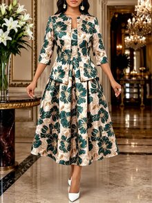Fleurora 女款花卉印花洋裝與長袖開襟衫休閒優雅兩件套，米色夏季婚禮教堂晚餐正式穿搭 - 彩色 - 查看 4